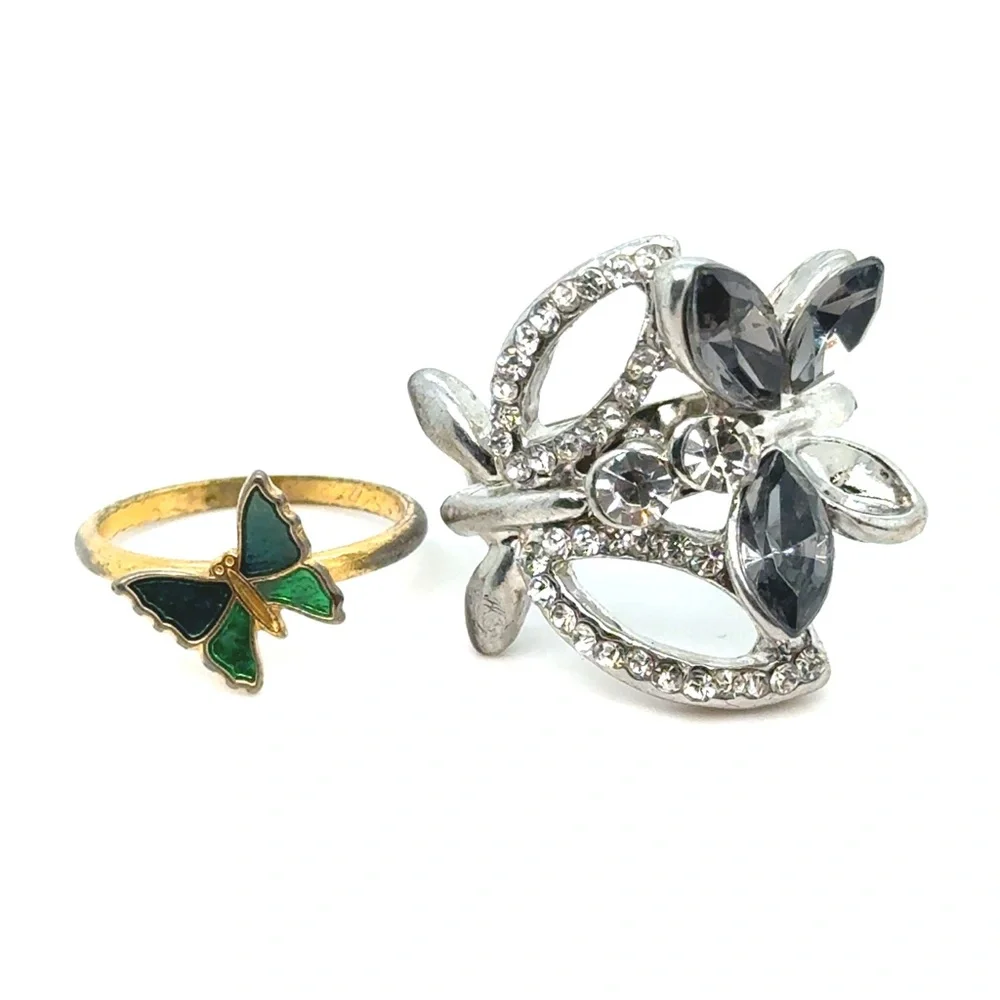 Silver‎ Crystal Floral Cocktail Ring and Gold Green Butterfly Stack Ring